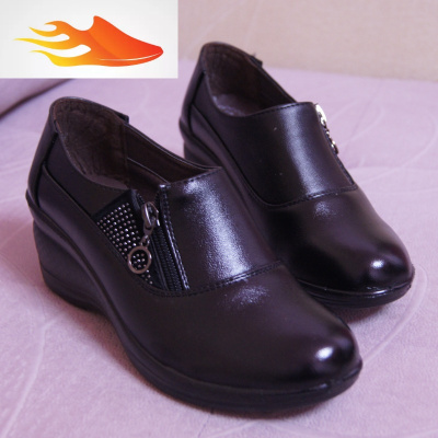 FISHBASKET春秋女单鞋黑色平底女鞋防滑坡跟软底中老年妈妈工作鞋