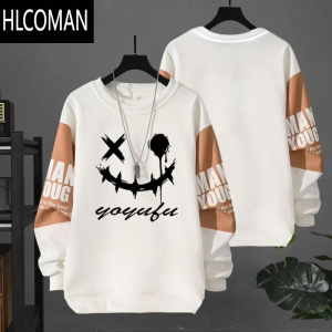 HLCOMAN青少年卫衣男圆领宽松薄款可爱衣服套头长袖t恤潮流休闲加绒