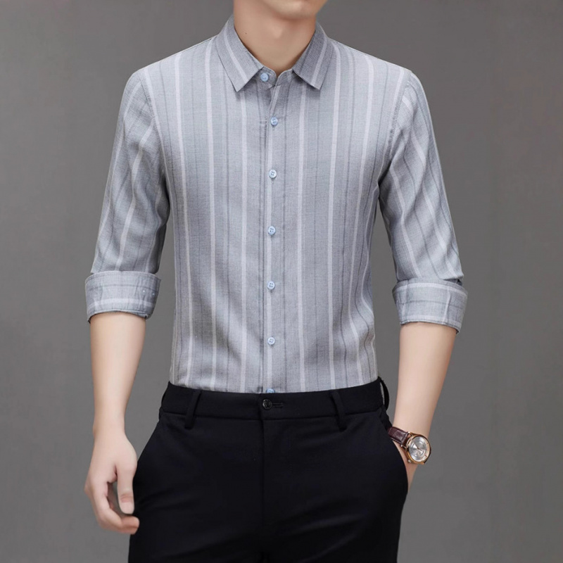棉质条纹长袖衬衫男士春秋季新款商务休闲百搭宽松中年打底衫衬衣