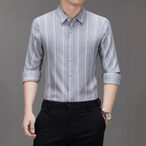 棉质条纹长袖衬衫男士春秋季新款商务休闲百搭宽松中年打底衫衬衣