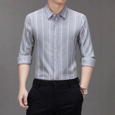 棉质条纹长袖衬衫男士春秋季新款商务休闲百搭宽松中年打底衫衬衣