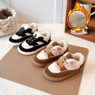 复古德训鞋冬季加绒新款儿童保暖毛毛鞋男女童板鞋学生鞋