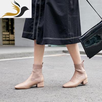 南城北巷方头中跟切尔西短靴女2019春秋新款粗跟加绒高跟马丁靴冬_5