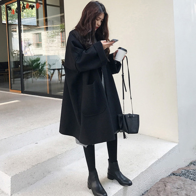 FISHBASKET大码女装中长款毛呢外套女2020胖mm宽松遮肉赫本古着呢子大衣毛呢外套