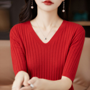 夏季新款V领针织短袖女款修身抽条时尚半袖百搭简约糖果色T恤