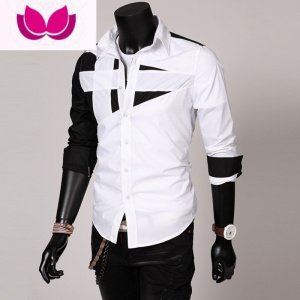 七斓2020春季新款男装修身长袖衬衫男士时尚尖领个性设计撞色拼接衬衫