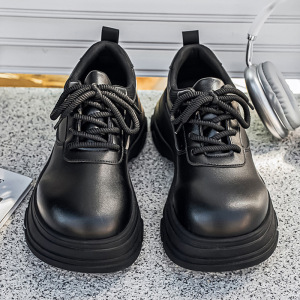 情侣秋季黑色系带简约时尚圆头低帮正装工作休闲皮鞋厚底亮面皮鞋