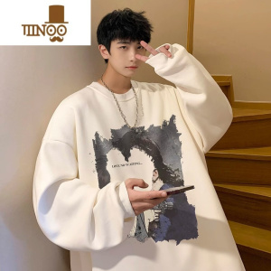 YANXU美式复古圆领卫衣男秋季潮牌青少年高街宽松百搭外套