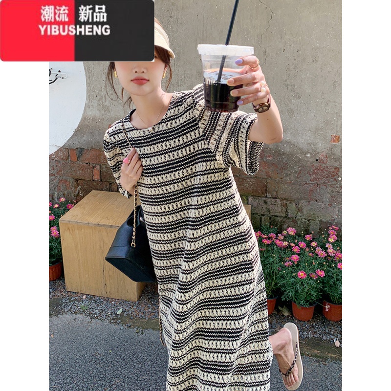 YIBUSHENG法式条纹连衣裙女季2024新款韩版宽松显瘦胖mm高级感T恤长裙子