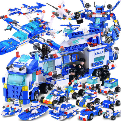 乐乐兄弟创意警察战舰军事塑料小颗粒拼装儿童积木玩具6-14岁