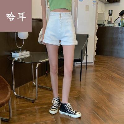 牛仔裤女夏季韩版2021新款高腰显瘦设计感小众卷边黑色阔腿牛仔短裤女热裤