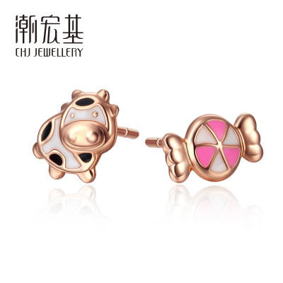 潮宏基FUN趣-小奶牛糖果18K金耳钉彩金玫瑰金耳饰可爱少女单只FQ