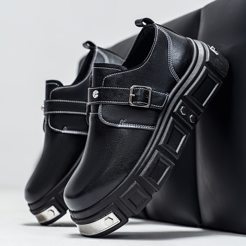 秋冬季上新款皮革黑色韩版男士上班通勤皮鞋舒适透气休闲款懒人鞋