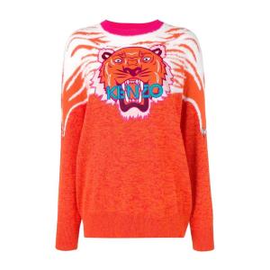 高田贤三(Kenzo)橙色虎头刺绣套衫女款休闲圆领长袖罗纹下摆运动