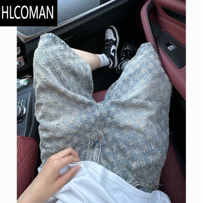HLCOMAN星空纹美式复古牛仔短裤男夏季薄款提花设计感hiphop潮牌五分裤子