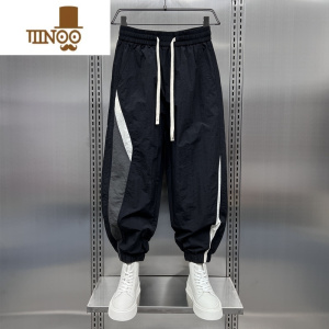 YANXU夏季速干条纹拼接户外束脚运动裤男款潮牌宽松阔腿休闲九分哈伦裤