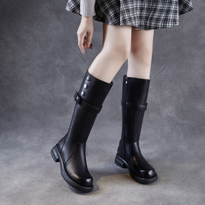 头层牛皮复古厚底骑士靴女新款秋显瘦圆头皮带扣粗跟长筒靴子