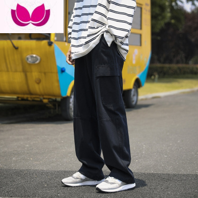 七斓日系藏青色休闲裤子男新款阔腿冲锋长裤韩版宽松直筒工装裤