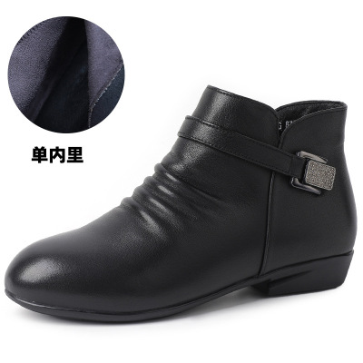 25秋冬新款简约舒适平底小圆头裸靴真皮女短靴防滑中老年妈妈棉鞋