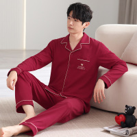 睡衣男秋冬季棉质长袖开衫翻领大红新婚结婚宽松加大码家居服套装