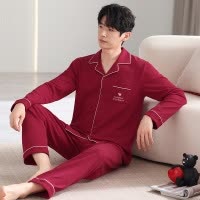 睡衣男秋冬季棉质长袖开衫翻领大红新婚结婚宽松加大码家居服套装