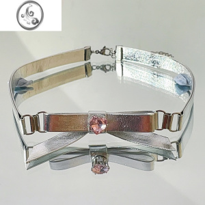 JiMi银色水钻蝴蝶结皮革项链y2k甜酷辣妹皮质项链choker颈链女 银色水钻蝴蝶结皮革项链