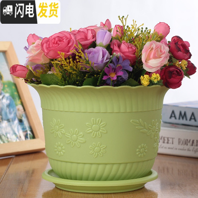 三维工匠波浪花边莲花盆塑料树脂仿陶型大花盆多肉绿萝花盆可水培送托 绿色[开孔留言] 2个特大+2个大号+2个中号花盆容器