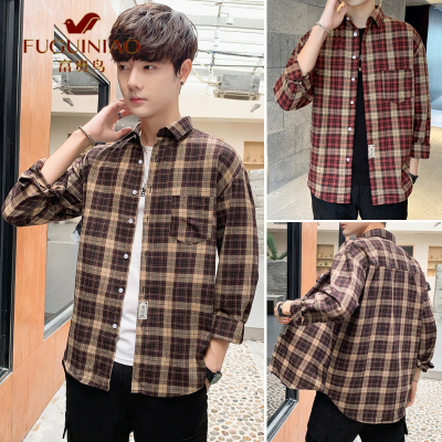 富贵鸟(FUGUINIAO)格子衬衫男长袖韩版青少年衬衣港风宽松寸衫潮流衣服男装上衣