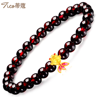 蒂蔻幸运锦鲤小金鱼黄金手链女款3D硬足金石榴石路路通手串时尚烤漆圣诞节生日礼物送女友