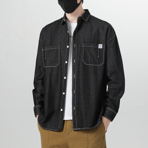 男装日系复古春秋季水洗牛仔衬衫纯色宽松工装长袖休闲衬衣男外套