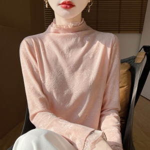 精纺羊毛2025春秋半高领针织衫女内搭新款镂空提花打底衫洋气上衣