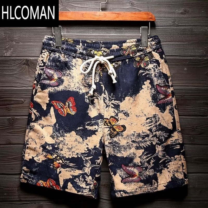 HLCOMAN休闲男装夏季大码中裤复古民族风男士休闲短裤海边沙滩男五分