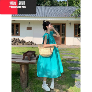 YIBUSHENG多巴胺小众飞飞袖连衣裙女春季2024新款高级感宽松褶皱中长款裙子 连衣裙 均码