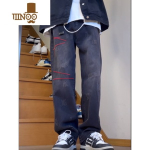 YANXU刺绣复古牛仔裤男四季网红美式高街做旧宽松直筒ins潮百搭长裤子