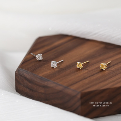 s999足银玫瑰花耳钉女小众小巧养耳洞睡觉免摘法式小众银耳饰批发送女朋友老婆情人节七夕生日礼物