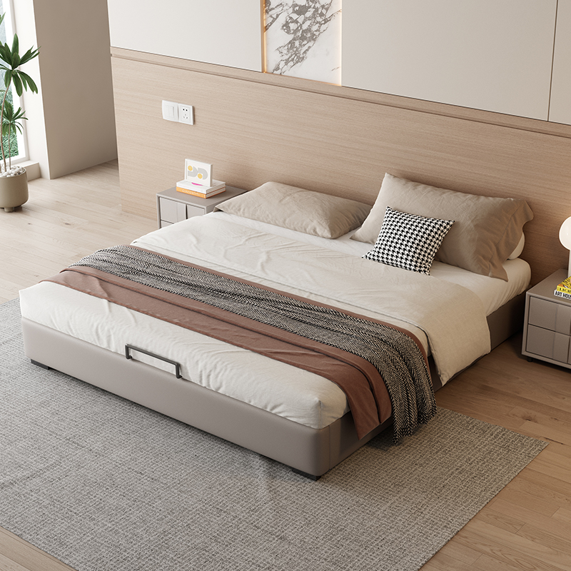 纳帕真皮床榫卯加厚满铺双人床出租屋民宿无床头小户型储物实木床