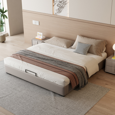 纳帕真皮床榫卯加厚满铺双人床出租屋民宿无床头小户型储物实木床