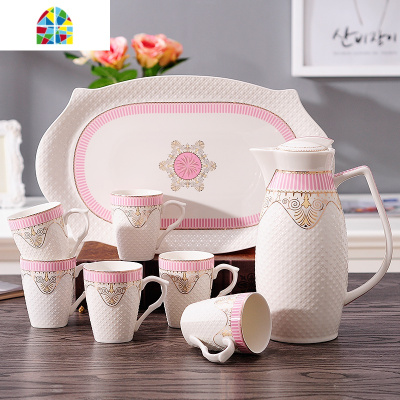 家用水具套装陶瓷冷水壶创意凉水壶耐热防爆花茶壶水杯具套装欧式 FENGHOU 金边+杯架普包