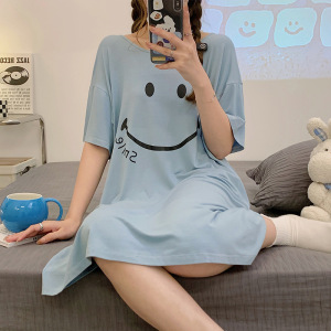 莫代尔女睡裙新款中长款短袖睡衣夏季圆领蝴蝶结简约家居服可外穿