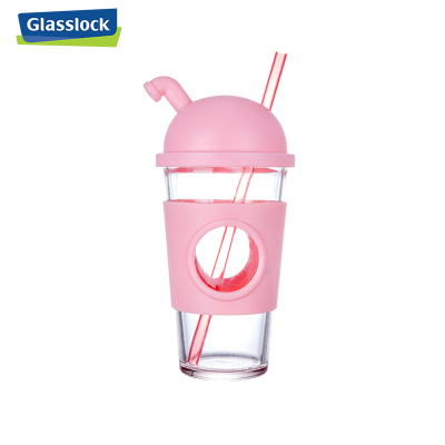 三光云彩（GLASSLOCK）韩国进口钢化玻璃水杯500ml耐热创意玻璃杯子女可爱大容量茶水杯带盖带吸管透明果汁杯不保温