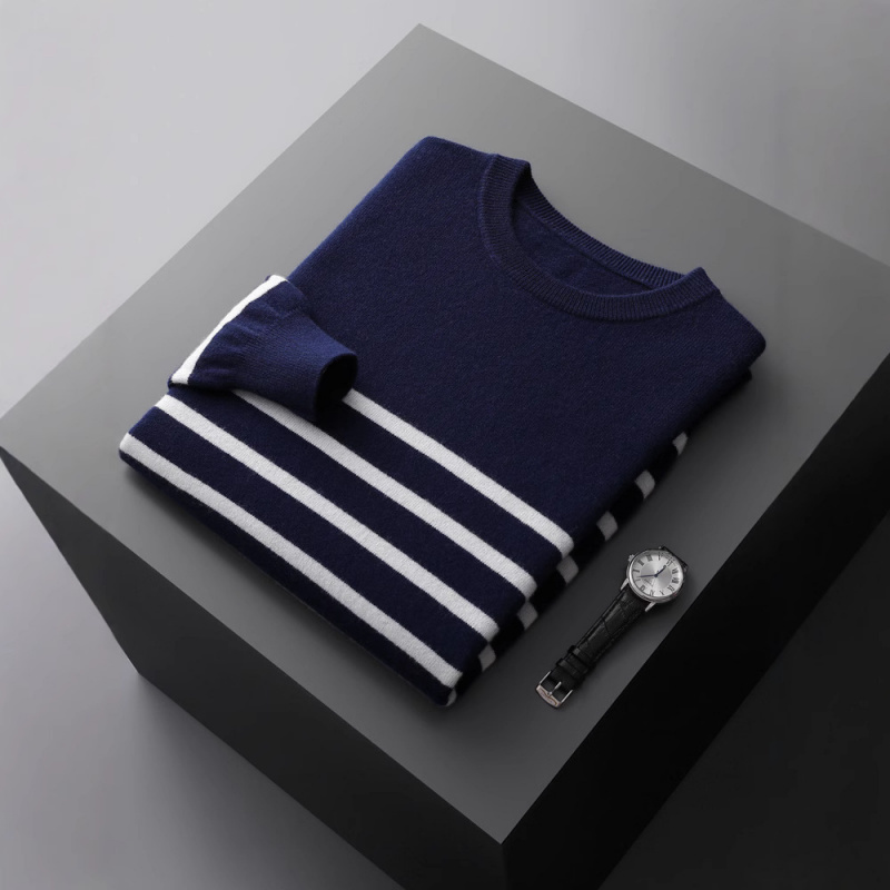男式羊毛衫海军风条纹圆领拼色套头长袖毛衣羊毛中厚针织衫秋冬款
