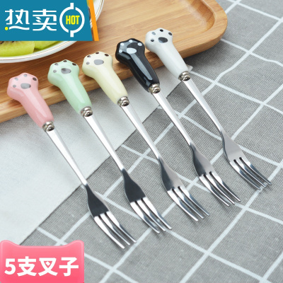 敬平家用不锈钢水果叉子收纳罐套装儿童创意可爱ins北欧风韩式蛋糕叉 5支叉子牙签
