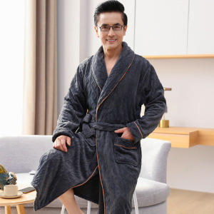 法兰绒睡袍男秋冬加绒加厚冬天中长款加大码保暖珊瑚绒浴袍家居服