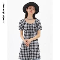 [1件5折价:99.5]美特斯邦威格纹连衣裙女夏季时尚校园风高腰黑色女士裙子