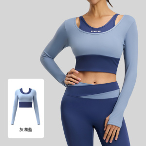 新款修身运动健身服防震拼色假两件免穿文胸瑜伽服