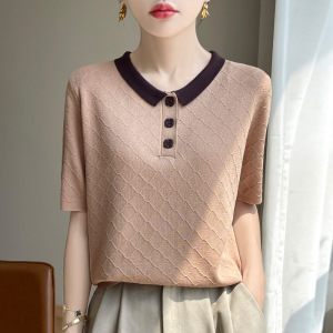 冰丝拼色翻领短袖女宽松新款韩版薄款菱形纽扣针织T恤衫上衣