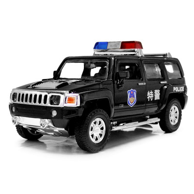 仿真合金警车消防车小汽车模型儿童玩具车特警回力车套装声光悍马H3-黑色