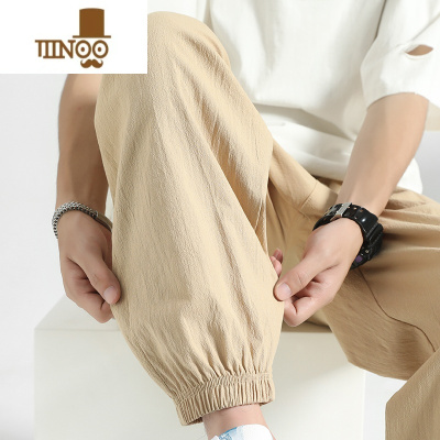 YANXU棉麻裤子男夏季薄款九分休闲裤男生宽松运动裤卡其色束脚卫裤