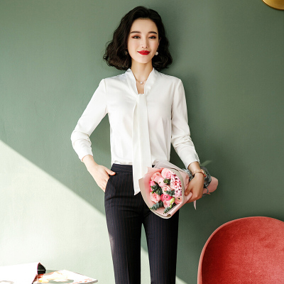 岚心云白色衬衣女2019新款套装秋季飘带职业衬衫修身长袖韩版面试洋气工作服