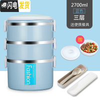 三维工匠上班族轻便手提不锈钢多层保温饭盒大容量便当盒密封带盖圆形餐盒 蓝色[三层+小麦餐具]
